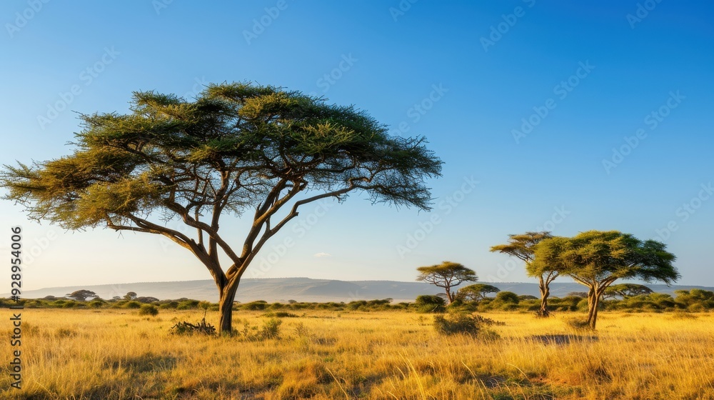 Golden Hour Magic in African Savannah - Dramatic Landscape with Acacia Trees, Long Shadows, and Warm Hues for Safari and Adventure Travel Promotions Golden Hour Magic in African Savannah - Dramatic Landscape with Acacia Trees, Long Shadows, and Warm Hues for Safari and Adventure Travel Promotions