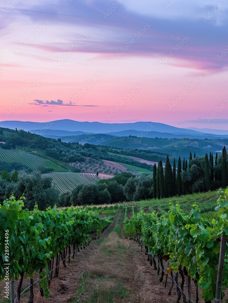 Fototapeta premium Twilight Over Italian Countryside - Serene Landscape with Vineyards and Olive Groves