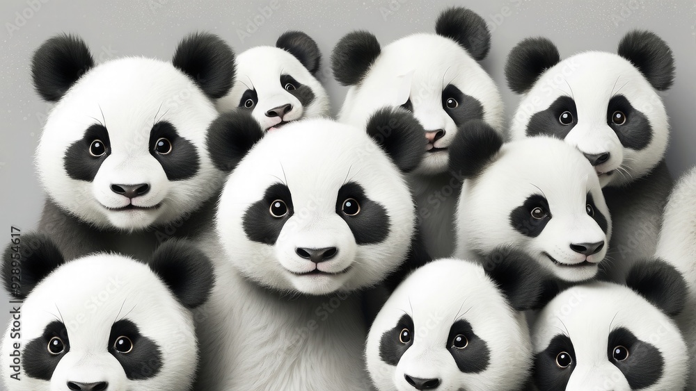 Cute panda faces on a light gray background, playful and sweet. Cute panda faces on a light gray background, playful and sweet.