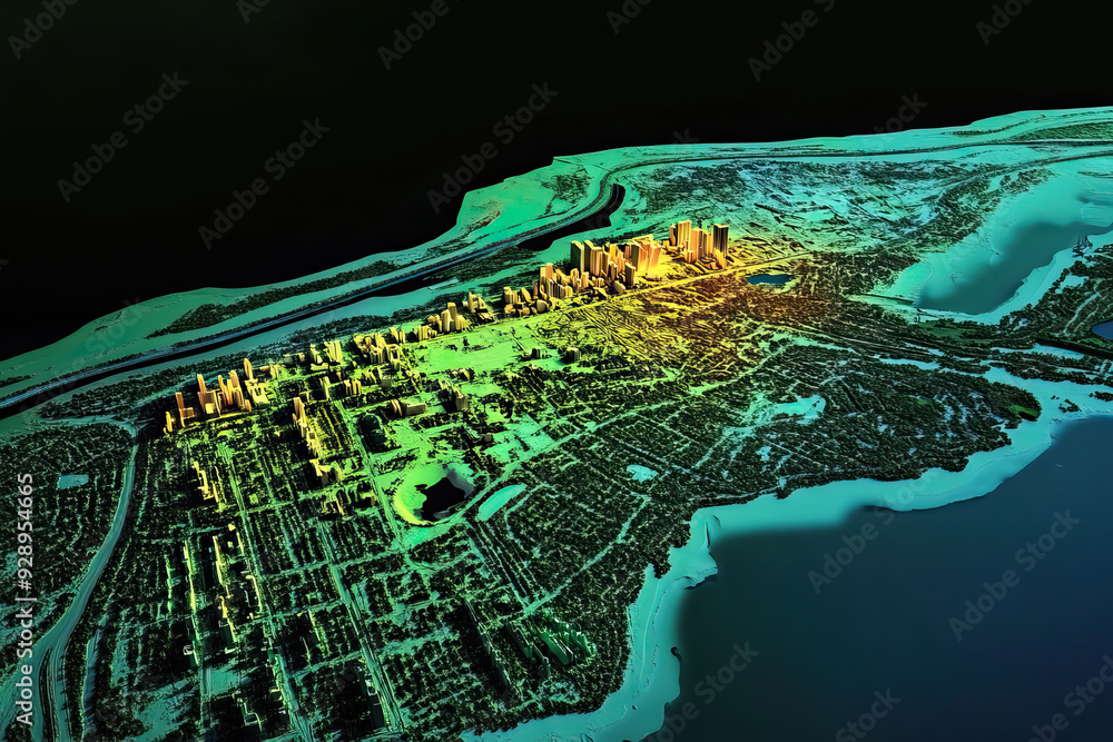 Technical aerial visual, 3D LiDAR GIS aerial map satellite scan model ...