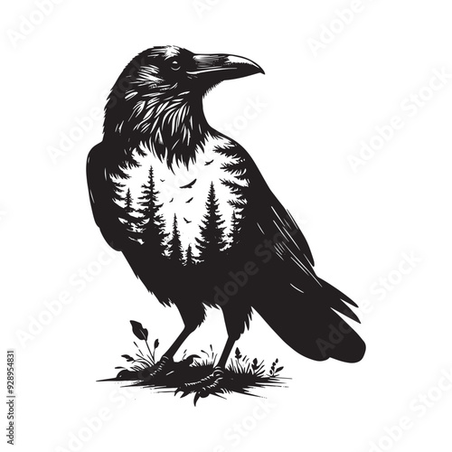 silhouette of raven filled with nature view in rough drawing