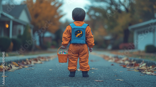 A tiny Ghostbuster, complete with a proton pack and jumpsuit, holds a trick-or-treat candy bucket in hand. The scene is captured on a 28mm Kodak camera, giving it a vintage film color effect. The nost photo