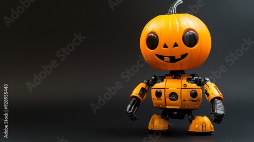 Smiling pumpkin robot stands on a black background.