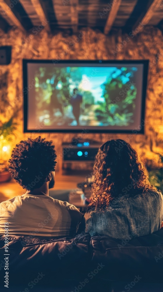 Friends sit together, relaxing and watching a movie on a large screen in a cozy, warmly lit room Friends sit together, relaxing and watching a movie on a large screen in a cozy, warmly lit room