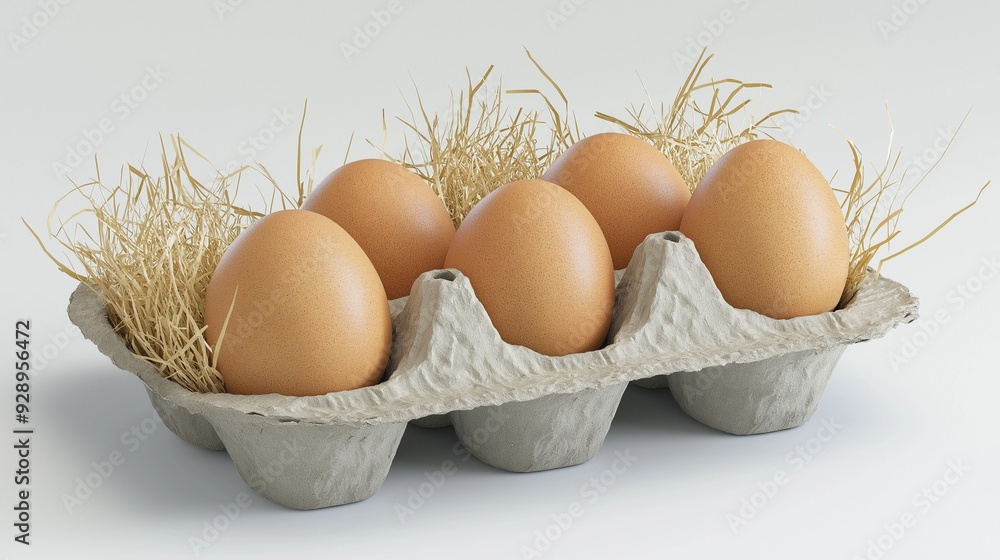 Farm Fresh. five brown eggs nestle in a cardboard carton, accented by wispy straw, embodying rustic simplicity and natural goodness.Generative ai illustration. Farm Fresh. five brown eggs nestle in a cardboard carton, accented by wispy straw, embodying rustic simplicity and natural goodness.Generative ai illustration.