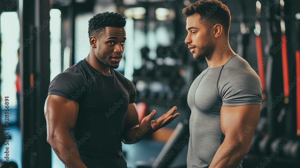 Two muscular men are talking in a gym. Two muscular men are talking in a gym.