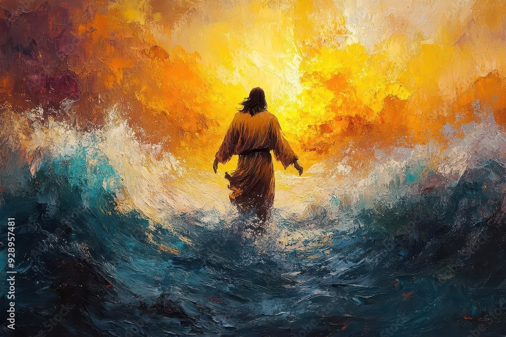 vibrant impressionistic painting of jesus walking on turbulent waters bold brushstrokes dynamic composition and a radiant color palette create a sense of divine power and serenity amidst chaos vibrant impressionistic painting of jesus walking on turbulent waters bold brushstrokes dynamic composition and a radiant color palette create a sense of divine power and serenity amidst chaos