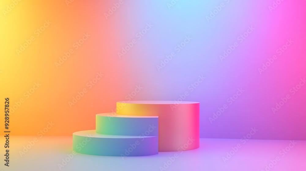 Holographic Podium: A minimalist and modern 3D rendering of a three-tiered podium, bathed in a vibrant and colorful gradient. Holographic Podium: A minimalist and modern 3D rendering of a three-tiered podium, bathed in a vibrant and colorful gradient.