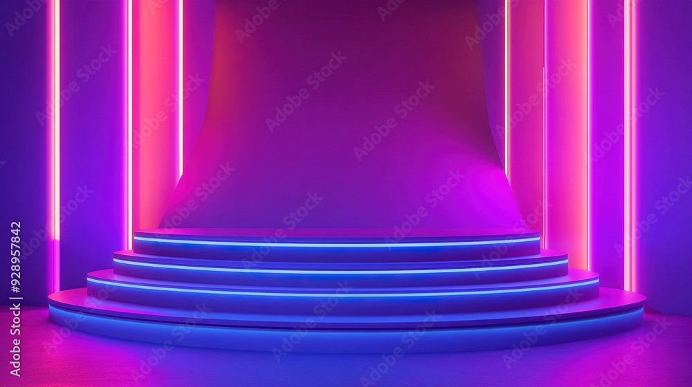 Obraz premium Neon Steps to Success: A futuristic and vibrant product display with neon lights illuminating a set of steps
