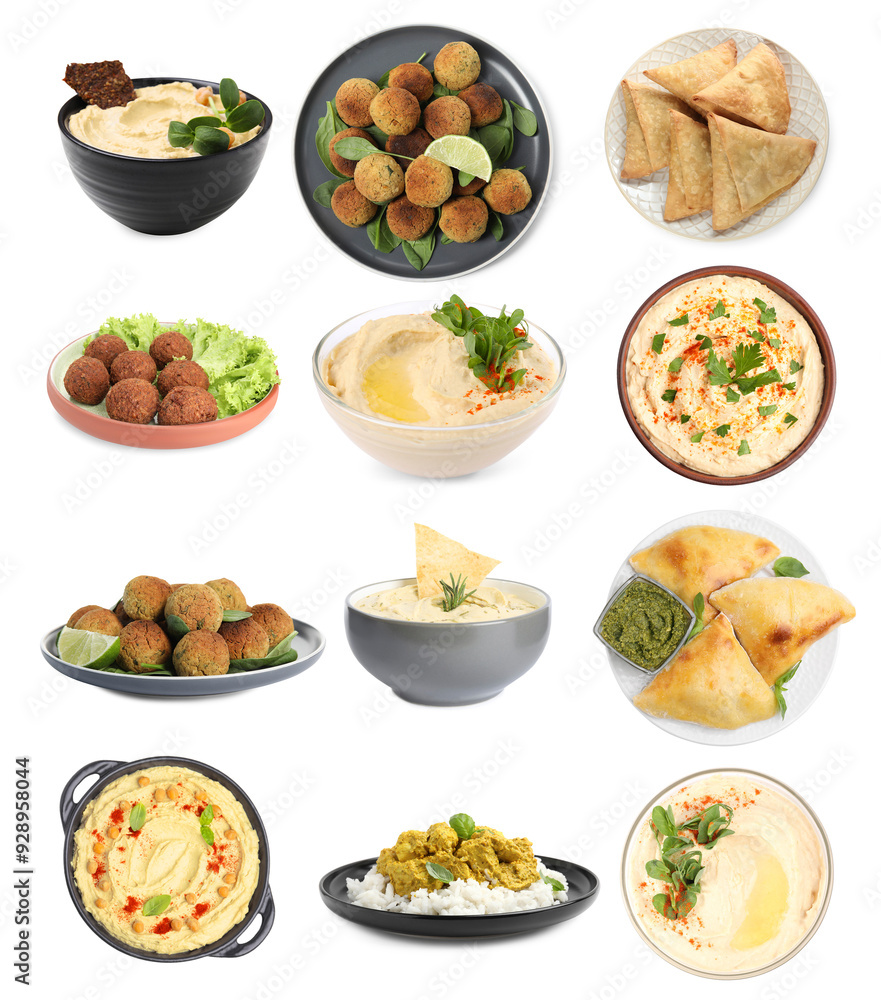Hummus and other dishes of different national traditional cuisines on white background. Collection Hummus and other dishes of different national traditional cuisines on white background. Collection