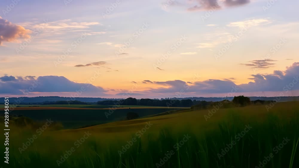 Peaceful Countryside Sunset with Fluffy Clouds and Golden Sky Peaceful Countryside Sunset with Fluffy Clouds and Golden Sky