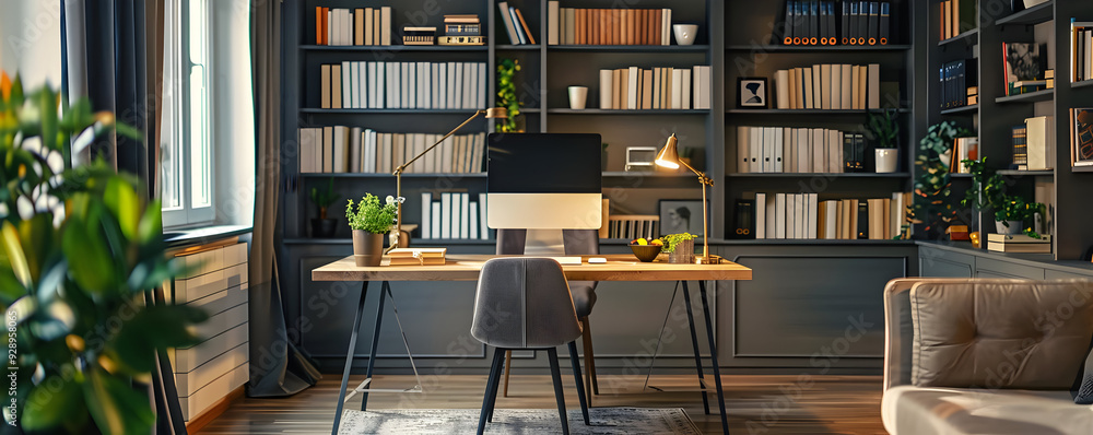 Obraz premium Home Office Interior Design with Bookshelves and Desk Illustration