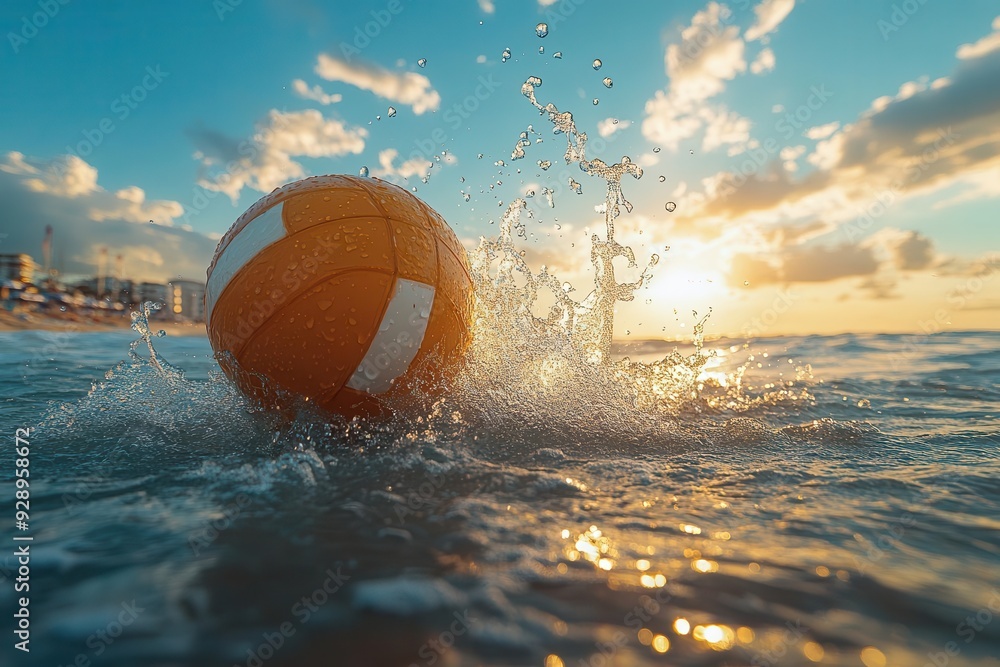 volleyball suspended midsplash in turquoise ocean water droplets frozen in time bright sunlight volleyball suspended midsplash in turquoise ocean water droplets frozen in time bright sunlight