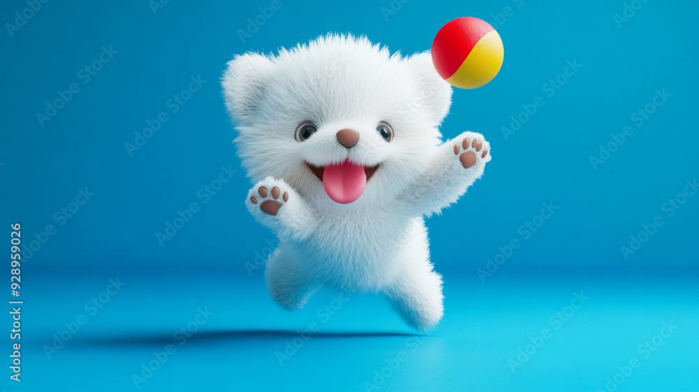 A fluffy white puppy joyfully leaps to catch a colorful ball against a bright blue background A fluffy white puppy joyfully leaps to catch a colorful ball against a bright blue background