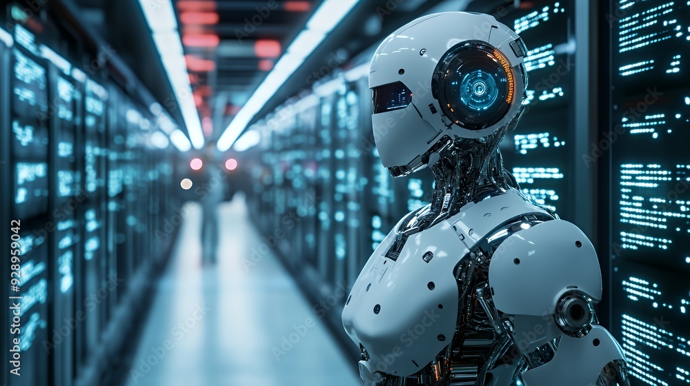 Futuristic humanoid robot standing in a server room with glowing blue screens in the background. Futuristic humanoid robot standing in a server room with glowing blue screens in the background.