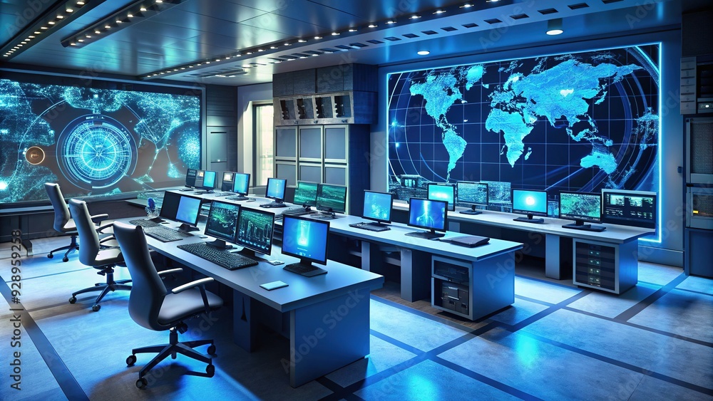 High-tech command center with rows of computer terminals, radar screens ...