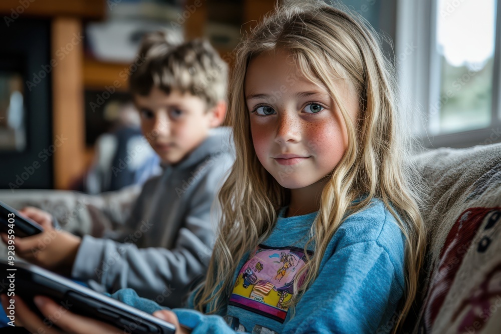 A girl with blonde hair is sitting on a couch with a boy. She is holding a tablet in her hand A girl with blonde hair is sitting on a couch with a boy. She is holding a tablet in her hand