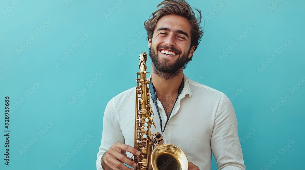 Fototapeta premium A photo of a happy man joyfully playing a saxophone, isolated on a light blue background