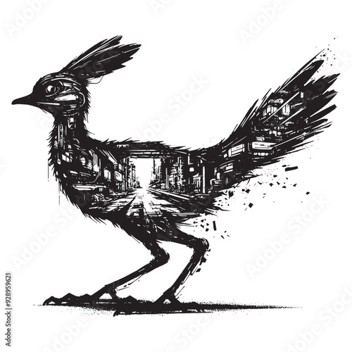 silhouette of Roadrunner filled with destroyed futuristic dystopia environment in rough drawing