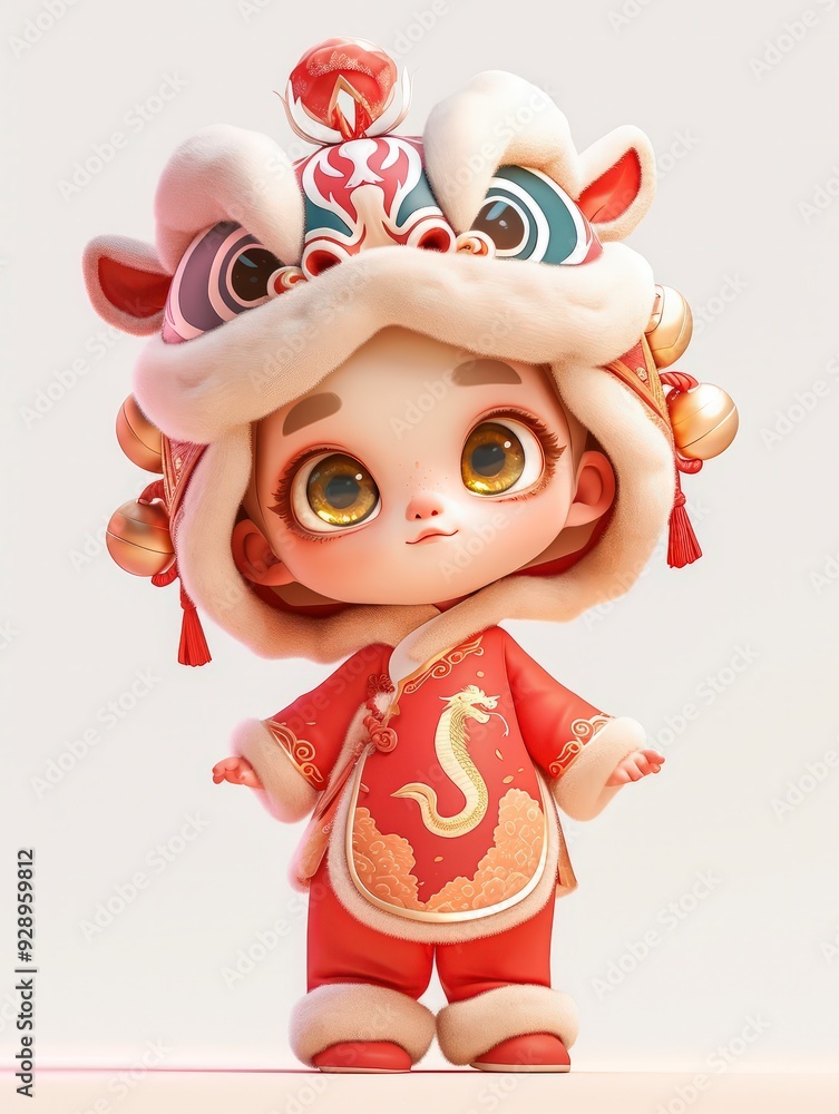 Fototapeta premium Cute cartoon character in a lion dance costume with red and gold trim, white fur, big eyes, and a smile.