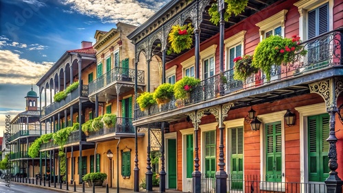 Historic balconied buildings with ornate ironwork and vibrant shutters line a narrow street in the charming French Quarter of New Orleans, Louisiana.