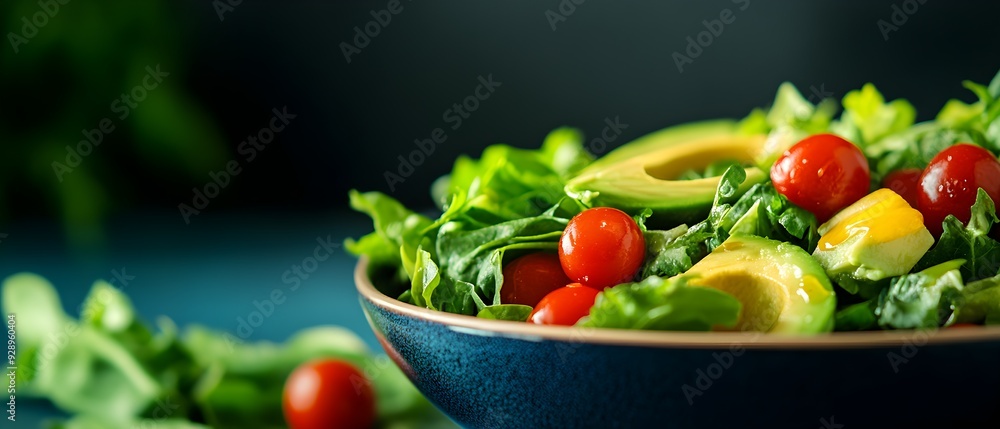 A colorful salad bowl filled with fresh greens, avocado, cherry tomatoes, and a drizzle of dressing A colorful salad bowl filled with fresh greens, avocado, cherry tomatoes, and a drizzle of dressing