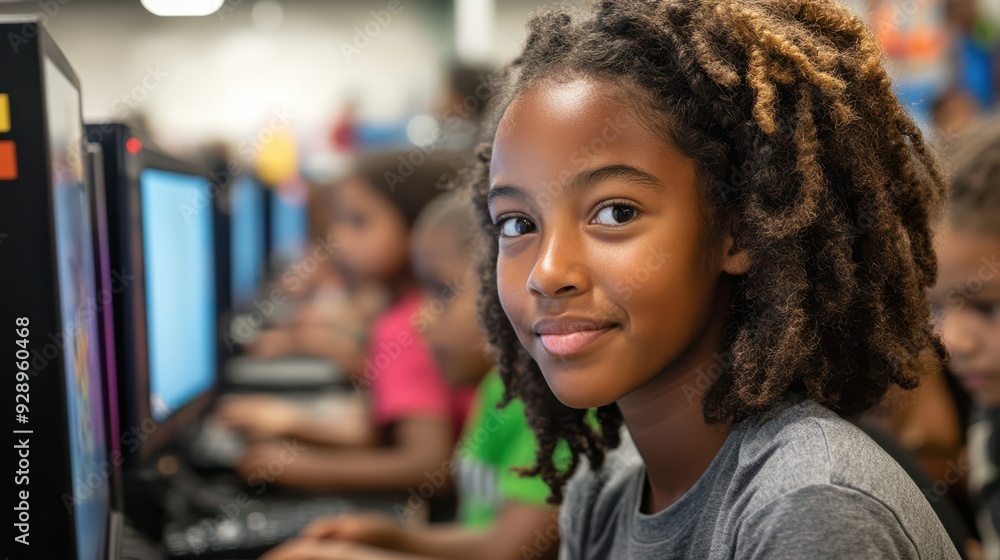 A young girl with curly hair is smiling at the camera while sitting in front of a computer. She is surrounded by other children who are also using computers. Concept of camaraderie and learning A young girl with curly hair is smiling at the camera while sitting in front of a computer. She is surrounded by other children who are also using computers. Concept of camaraderie and learning