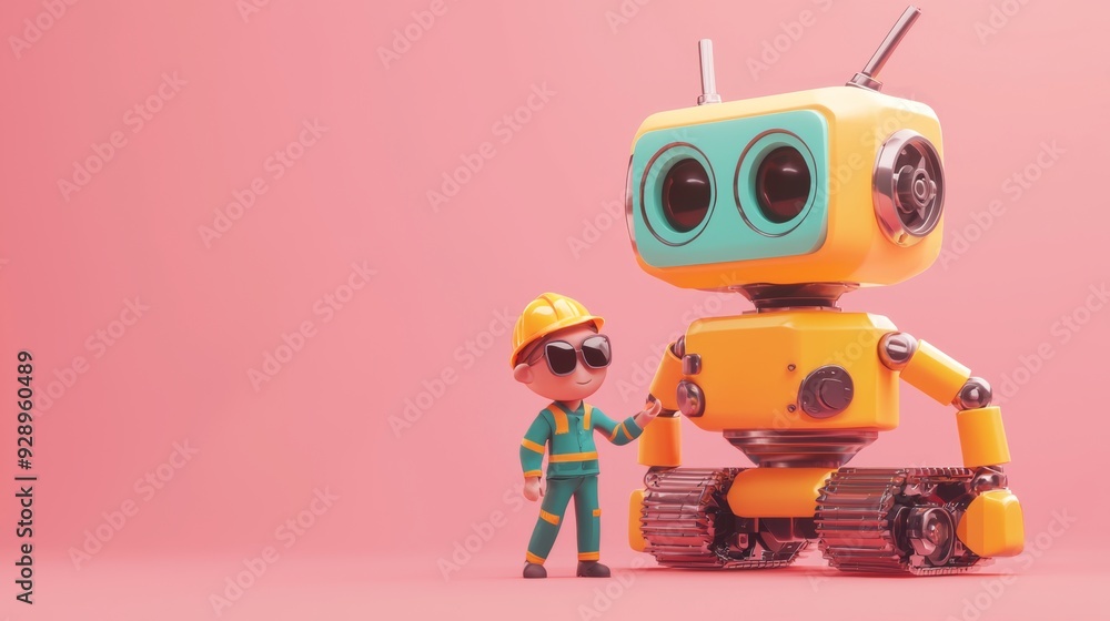 Fototapeta premium Cartoon Engineer and Robot in Conversation on Pink Background
