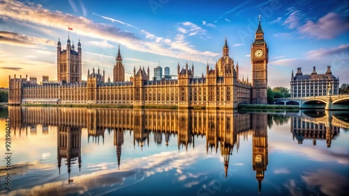 Historic clock tower and Neo-Gothic architecture of the Houses of Parliament building reflected in the calm waters of the River Thames in London.