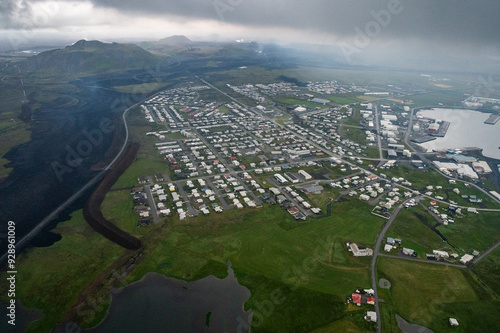 Grindavik Iceland with new lava flows coming over the road towards town