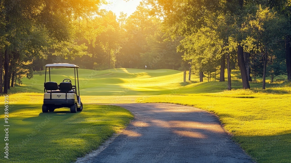 A golf cart driving along a path surrounded by green fields and trees, representing a leisurely round of golf. A golf cart driving along a path surrounded by green fields and trees, representing a leisurely round of golf.