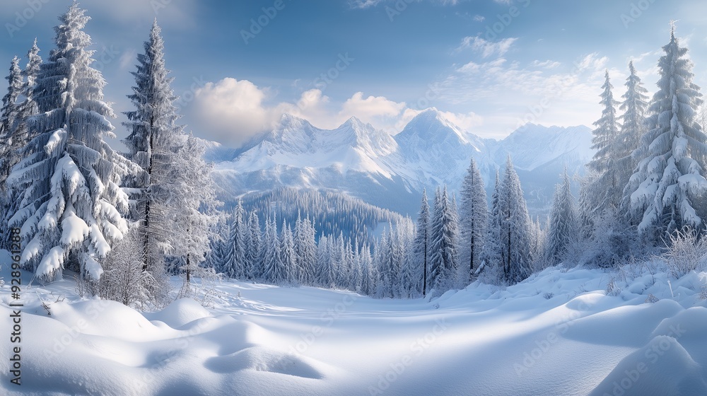 Snow covered mountains with a snow-covered forest and a blue sky. Snow covered mountains with a snow-covered forest and a blue sky.