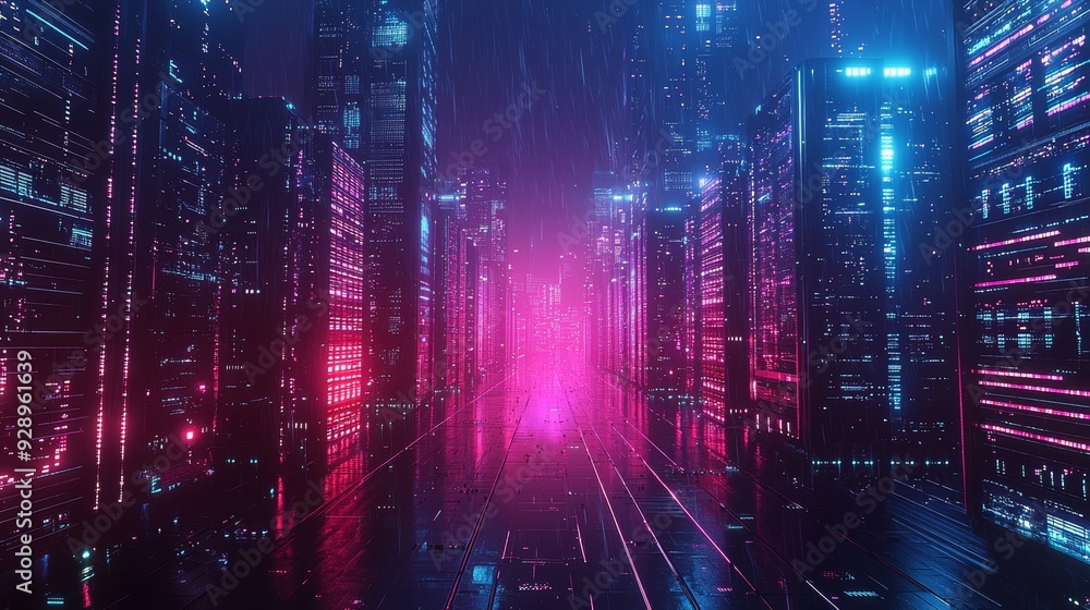 Obraz premium A futuristic technology hub with neon-lit skyscrapers and advanced data centers