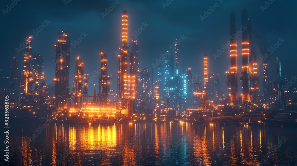 A futuristic energy hub with neon-lit power plants and advanced renewable energy sources A futuristic energy hub with neon-lit power plants and advanced renewable energy sources