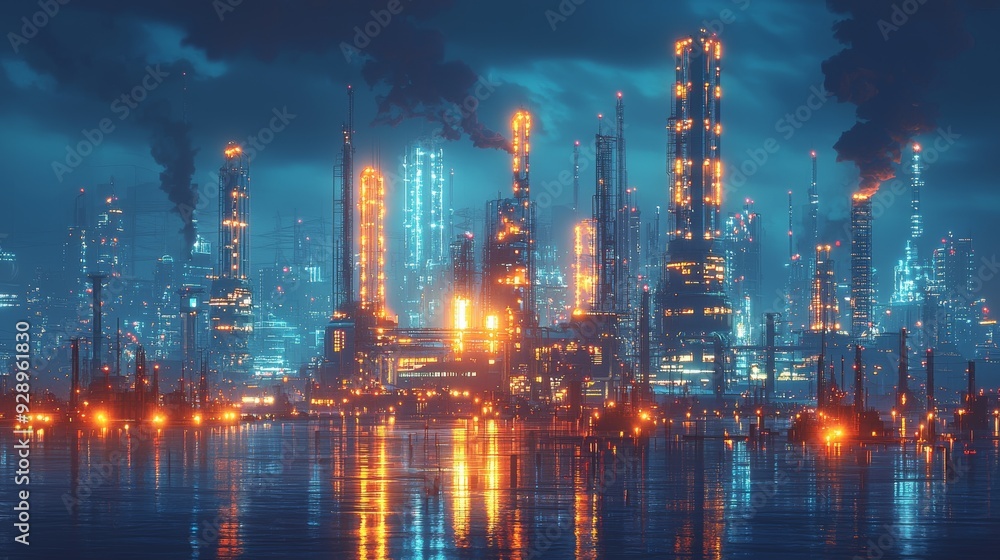A futuristic energy hub with neon-lit power plants and advanced renewable energy sources A futuristic energy hub with neon-lit power plants and advanced renewable energy sources