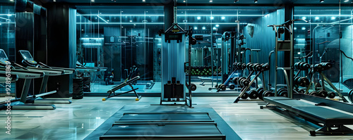 Modern Home Gym with Blue Lighting and Glass Walls - Photo