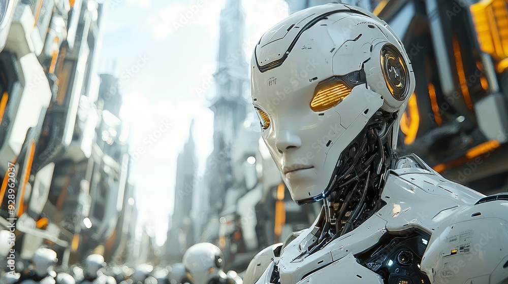 Fototapeta premium A sci-fi inspired metropolis with intelligent robots managing public services and security