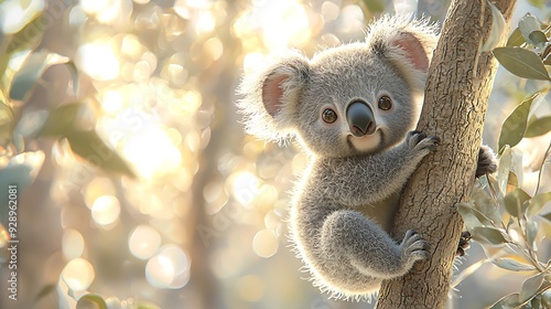 Cute Koala Bear Cub Climbing a Tree.