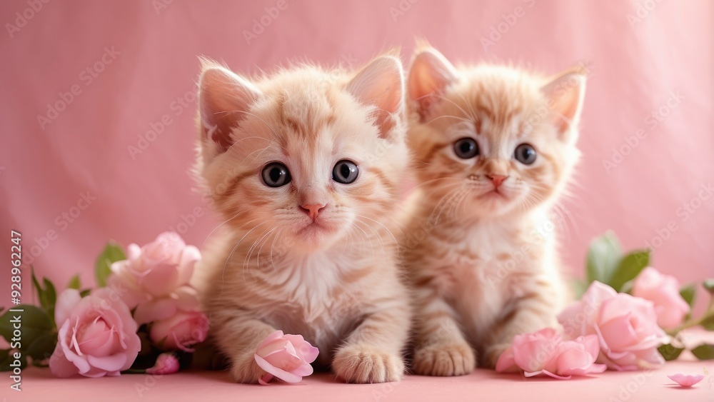 Cute kittens on a soft pink background, adorable and sweet. Cute kittens on a soft pink background, adorable and sweet.