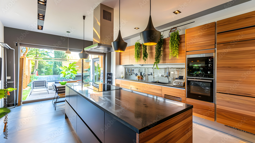 Modern Kitchen Interior Design with Stainless Steel Appliances and Wooden Cabinets - Photo Modern Kitchen Interior Design with Stainless Steel Appliances and Wooden Cabinets - Photo