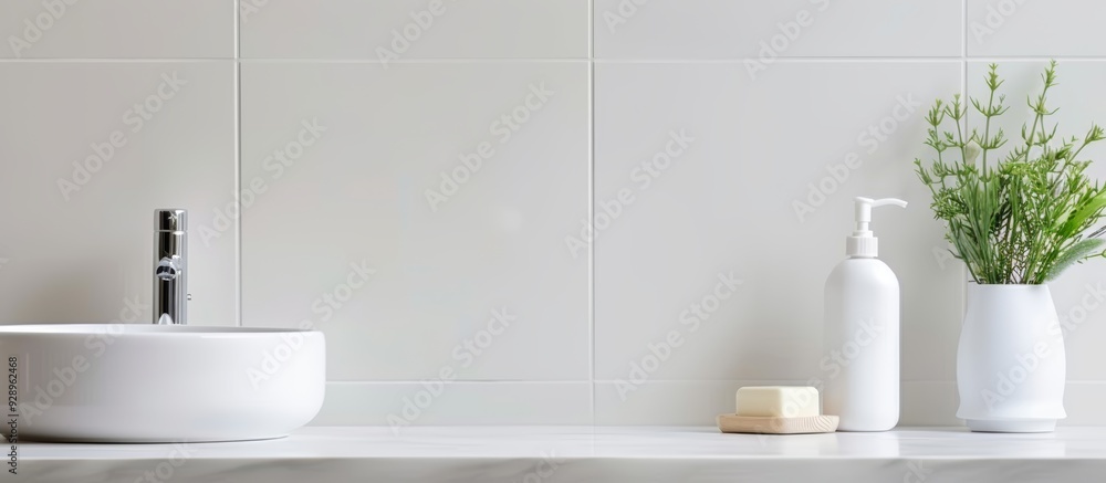 Fototapeta premium blur background of a bathroom counter with toothpaste and soap on a white marble table in a modern home