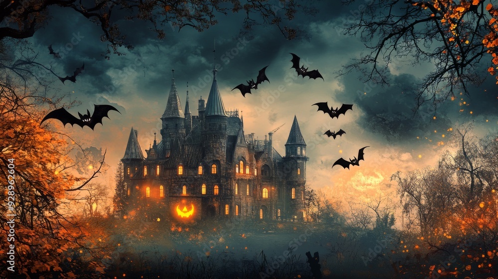 A spooky haunted castle with a jack-o-lantern lit window, bats flying, and an autumnal backdrop. A spooky haunted castle with a jack-o-lantern lit window, bats flying, and an autumnal backdrop.