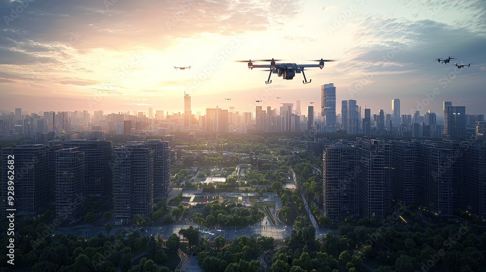 A high-tech urban landscape with self-sustaining power grids and autonomous drones patrolling the skies A high-tech urban landscape with self-sustaining power grids and autonomous drones patrolling the skies