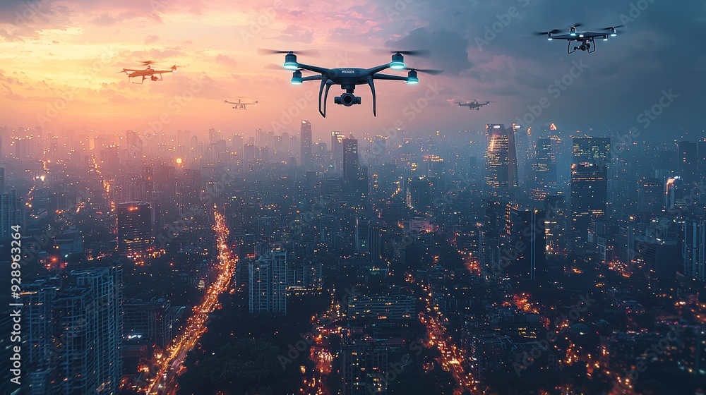 A high-tech urban landscape with self-sustaining power grids and autonomous drones patrolling the skies A high-tech urban landscape with self-sustaining power grids and autonomous drones patrolling the skies