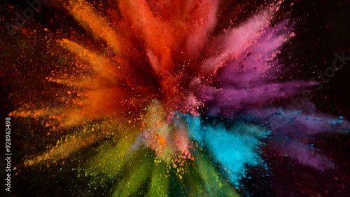 Colored powder explosion on black background . Freeze motion.