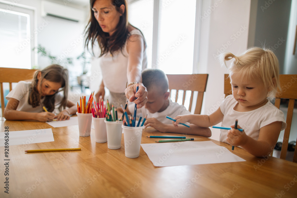 Kids drawing and coloring with their mom Kids drawing and coloring with their mom