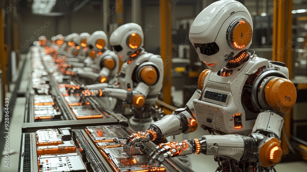 Fototapeta premium Humanoid robots perform repetitive tasks in manufacturing, increasing efficiency