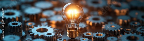 Light bulb, surrounded by gears and cogs, glowing with potential, symbolizing mechanical innovation