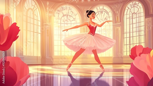 Enchanting Ballet Performance: Colorful Cartoon Illustration of Graceful Dancer in Grand Ballerina Act