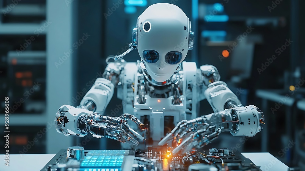 Robotics Engineer Assembling Sophisticated Robot with Advanced Tools in Realistic Scene Robotics Engineer Assembling Sophisticated Robot with Advanced Tools in Realistic Scene